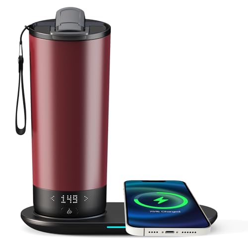 VFZO Taza de viaje con calefacción y control de temperatura, taza de café inteligente de 18 onzas, pantalla LED controlada por aplicación, juegos de café que se mantienen a una temperatura constante