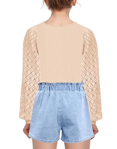 Image of Geckatte Girls Long Sleeve Shirts Square Neck Ribbed Blouse Lace Tops