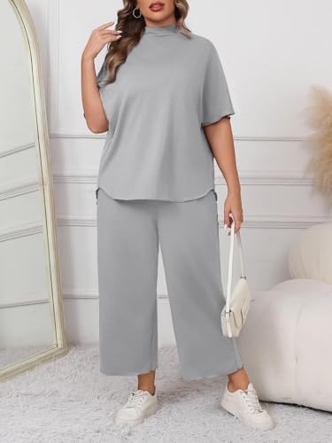 Image of Beautife Women's Plus Size 2 Piece Outfits 3 /4 Batwing Sleeve Capelet Crew Neck Pullover Top Wide Leg Pants Lounge Set