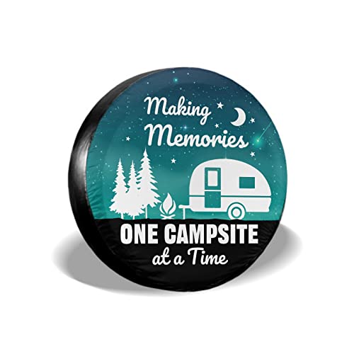 Image of Making Memories One Campsite of A Time Spare Tire Cover Tree 16 Inch | Blue Green,Polyester,Protectors Tire Cover,Waterproof,Dust-Proof,Universal,Fit for RV Jeep SUV Motor Travel Camper Tires