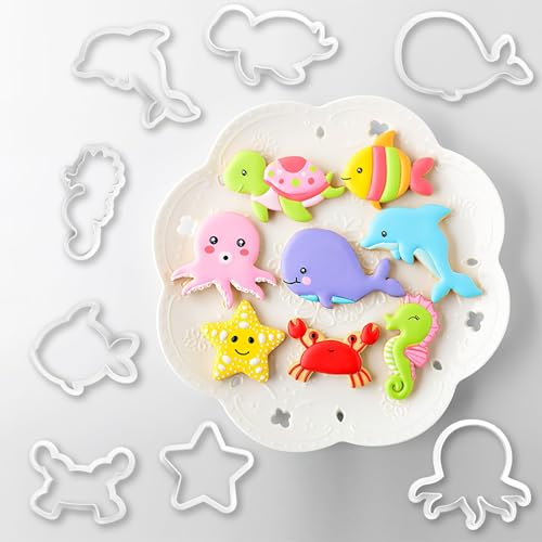 8 Pcs Sea Creature Moulds Fondant Cutters Animals Under The Sea Fish Cookie Cutters Beach Ocean Stamps for DIY Pastry Chocolate Dessert Baking Biscuit, Shark Whale Seahorse Starfish Dolphin Fish