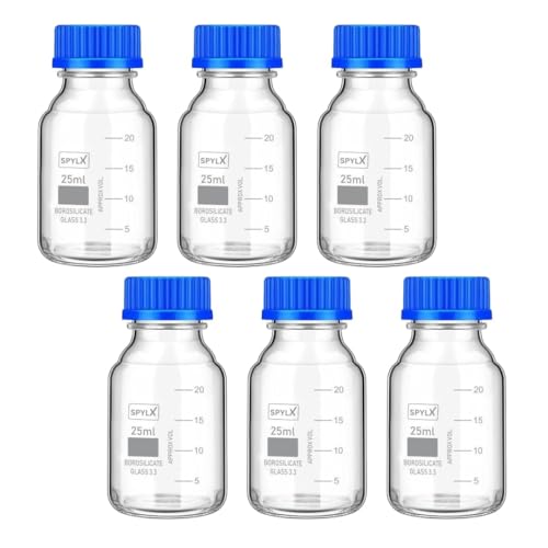 Image of Borosilicate Glass reagent bottle 25ml with leak proof Blue Screw Cap pack of 6 for glassware wide mouth chemical bottles for lab, laboratory, kitchen and professional use