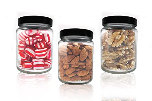 Image of Piraml Glass Transparent Jars & Containers for Kitchen Pantry, Snacks, Masala, Pickles, Dry Fruits, Coffee Beans Storage with Black Color Double Layer Metal Pop Lid (Set Of 4) (770ml Round Black Cap)