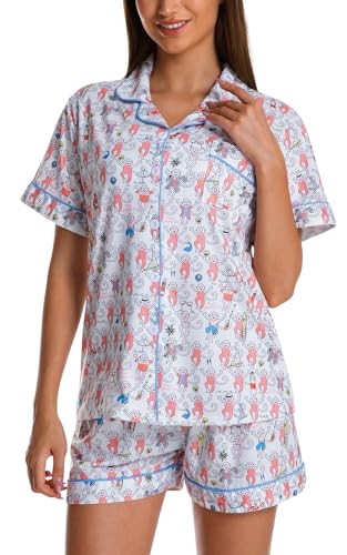 Image of Womens Pajamas Set Shorts Button Down 2 Piece Monkey Bunny Y2k Roller Dupes Rabbit Preppy Lounge Pjs Comfy Sleep Wear