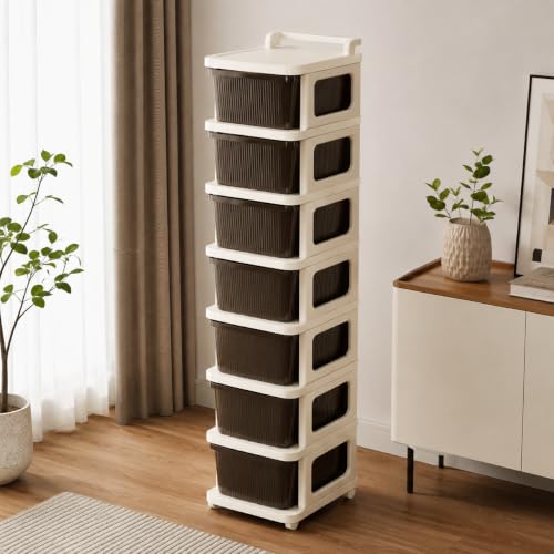 Image of Heavy Duty Plastic Storage Drawer with Wheels | Modular Cabinet for Bedroom, Office, Home or Classroom| Chest of Drawers Organiser for Cosmetics, Kitchen items, Toys (Brown, 7)