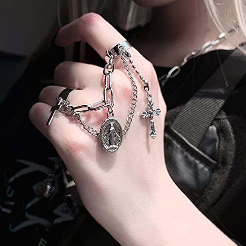 Cjiayujew 16Pcs Chain Rings For Girls,Gothic Punk Chain Finger Ring Set For Women Men,Vintage Silver Emo Rings Cross Butterfly Knuckle Ring #TOP2