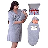 Matching Mommy Labor Delivery Robe and Swaddle Set, Blanket, Hat (L/XL pre pregnancy 10-18, Grey)
