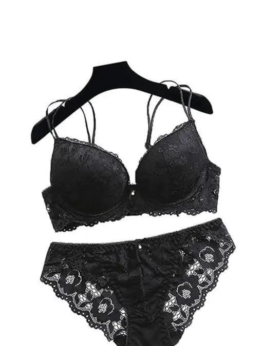 Image of Designer Women's Lace Push-Up Bra & Panty Set | Underwired, Solid, Baby Doll Bikini Style