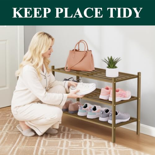 Image of Smiry Bamboo Shoe Rack, 5 Horizontal Slats, 3 Tier - 26.8 inch Wide, Walnut