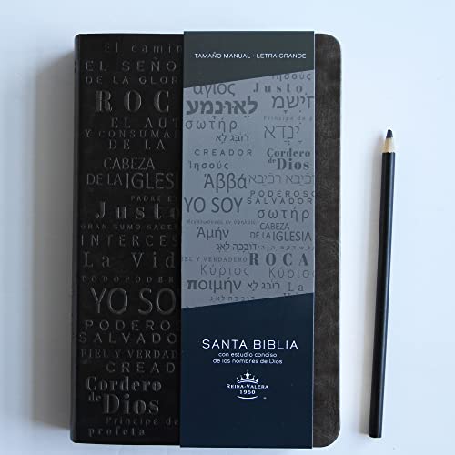 Biblia RVR 1960 letra grande tamaño manual, simil piel gris con nombres de Dios / Spanish Bible RVR