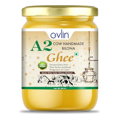 Image of Ovlin A2 Desi Cow Ghee | Handmade Bilona Method Ghee | Pure Desi Cow Milk | Traditional Vedic Bilona Process | 100% Natural, Preservative Free | Rich in Vitamins A, D, E & K | Pure A2 Bilona Cow Ghee for Cooking & Daily Nutrition 500ml