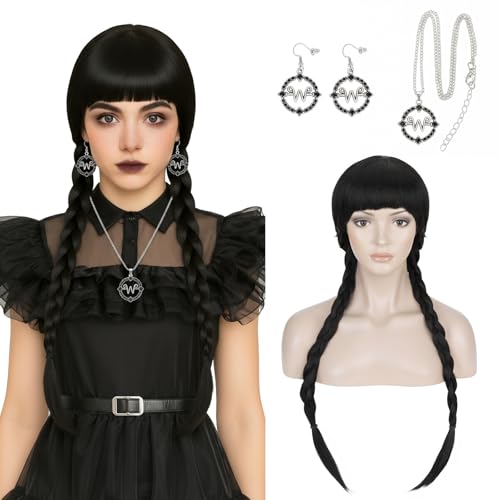 TESSHAIR Long Black Braided Wig With Bangs Wed Black Wig for Party Costume Halloween Cosplays Halloween costumes for Women