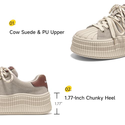 BEAU TODAY Platform Suede Sneakers for Women, Fashion Chunky Sneakers Women, Leather Tennis Ladies Shoes Comfortable, Retro Cute Lace-up Tennis Runnig Trainer Walking Shoes4