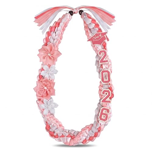 Lyrow Pink White 50 2026 Graduation Lei Double Braided Strands Graduation Ribbon Leis with 4 Satin Flowers Congrats Graduates Money Leis Class of 2026 Gift for Men Women