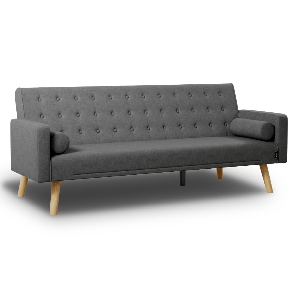 Nalui - Sofá Cama 3 Plazas Acolchado 203x82x78cm One Dots, 2 Cojines y Apertura Clic-Clac con Reclinación Ajustable. Sofa de Salon 3 Plazas con Patas de Madera Convertible en Cama Doble|Gris