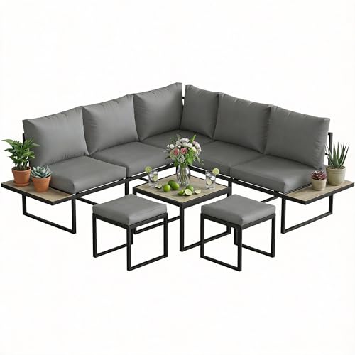 Outsunny Salon de Jardin extérieur 6 Personnes - Ensemble de canapé extérieur modulable avec Table Basse et Plateaux latéraux en Bois PSPC - Coussins...
