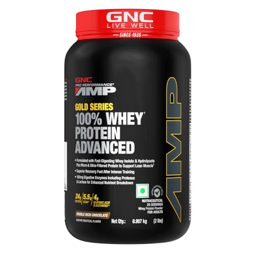 GNC AMP Gold Series Whey Protein Advanced | 2 lbs | Lean Muscle Gains | Intense Workout | Informed Choice Certified | 24g Protein | 5.5g BCAA | 4g Glutamine | Double Rich Chocolate| Formulated In USA