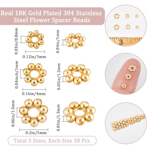 Beebeecraft 1 Box 90Pcs 3,4,5mm Flower Spacer Beads 18K Gold Plated Stainless Steel Tibetan Style Round Floral Granulated Loose Beads with Large Hole for DIY Craft Bracelet Jewellery Making - Image 2