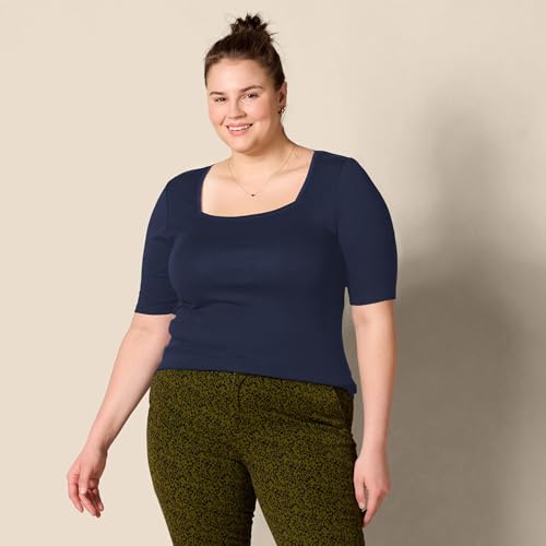 Amazon Essentials Camiseta Entallada con Media Manga y Cuello Cuadrado Mujer, Azul Marino, S
