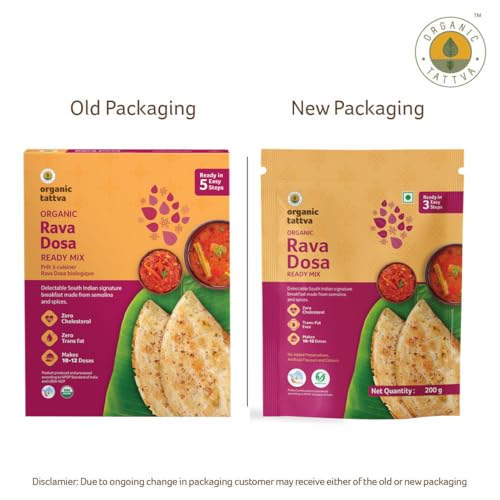 Image of Organic Tattva Rava Dosa Instant Mix, 800g, Ready in 5 Easy Steps, 4 Pack | With Rock Salt & Cumin Seeds, Low in Carbs & Calories, No Artificial Flavours or Preservatives, Ideal for Quick Breakfasts