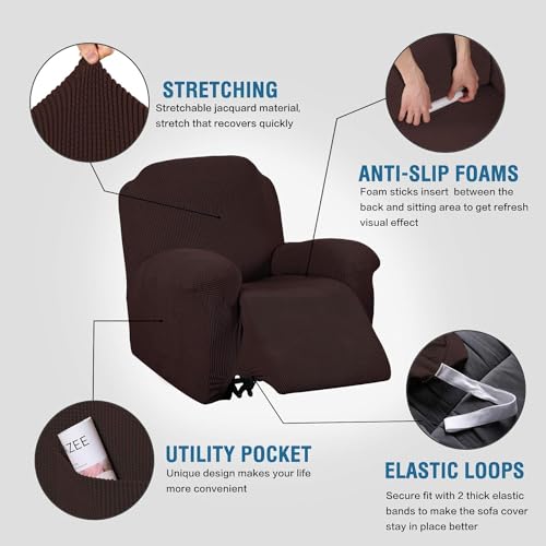 Image of H.VERSAILTEX Stretch Recliner Slipcovers 1-Piece Durable Soft High Stretch Jacquard Sofa Furniture Cover Form Fit Stretch Recliner Cover /Protector (Recliner, Chocolate)