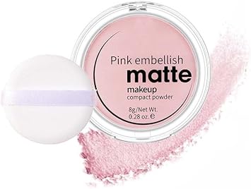 Pink Matte Makeup Compact Powder for Face Brightening & Setting - Lightweight Pressed Powder with Included Puff, Smooth Texture & Soft Matte Finish, 8g Travel-Friendly Case Pink