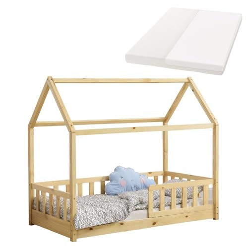 Juskys Kinderbett Marli 80 x 160 cm mit Matratze, Rausfallschutz, Lattenrost & Dach - Massivholz Hausbett für Kinder - Bett in Natur