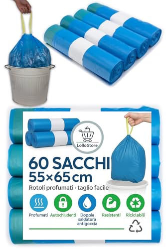 60 bolsas de basura de 55 x 65 cm, color azul, perfume talco, 40 litros antiolores con asas para tirar y cerrar, bolsas de basura para recogida diferenciada, bolsas de basura de alta densidad de