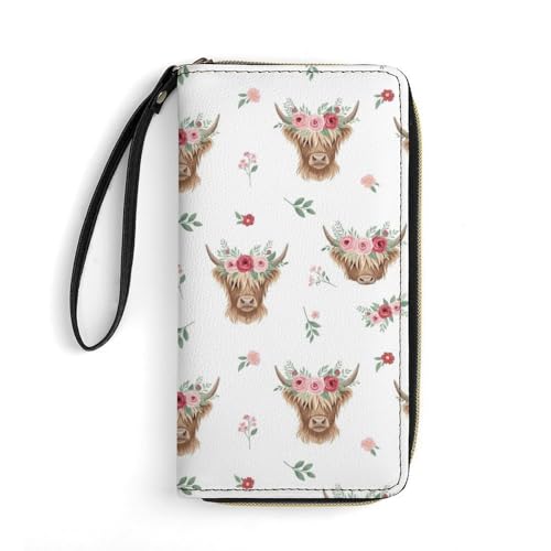 Womens Wallet, Waterproof Pu Leather Card Holder Organizer Floral Cattle Highland Cow Zipper Long Purse with Multiple Card Slots3