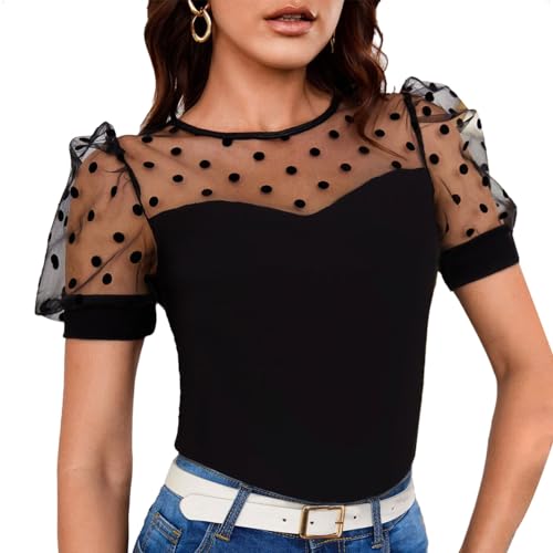 EMOTTOS Camisetas Mujer Manga Corta, Camisetade Manga Corta Abullonada Cuello Redondo con Lunares, Tops de Verano Basica Camiseta Ajustada Casual para Mujeres, Negro L