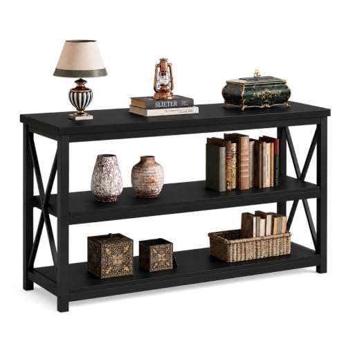 Image of 3-Tier Entryway Console Table | Modern Farmhouse Sofa Table with Open Storage Shelves | X-Frame Accent Hallway Table for Living Room Foyer & Entryway Organization | Black | 120x30x80 cm