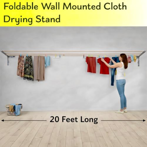 Image of Clothes Drying Stand Wall Mounted /Cloth Dryer Stand /Clothes Hanger for Drying Clothes Foldable for Home Or Balcony with 50 Feet Rope and Fasteners Set (Heavy Duty -Stainless Steel)