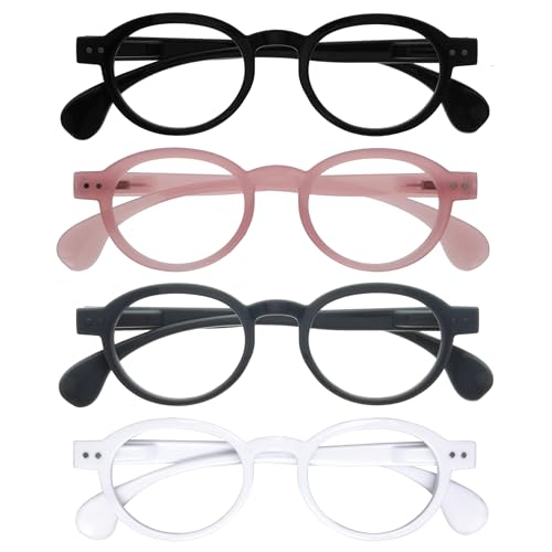 OPULIZE OCA Gafas de Lectura - Pack de 4 - Montura Moderna Retro Redonda - Negro, Rosa, Gris, Blanco - Hombre Mujer - Bisagras de Muelle - RRRR54-147W - +1.00