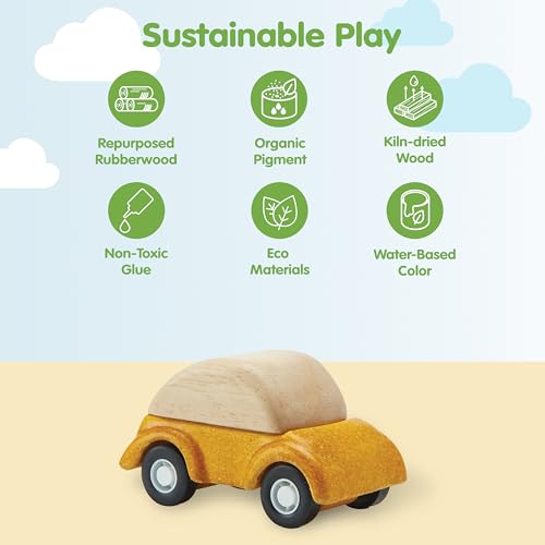 Image of PlanToys Yellow Car Wooden Montessori Vehicle Kids Indoor Outdoor Play Toy | rolling wheels, toy cars, toddler car, girls, boys, imaginative early movement, practical life fine motor gift preschool