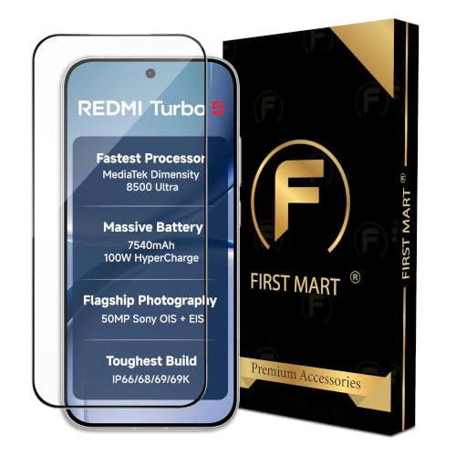 Image of FIRST MART Tempered Glass for Redmi Turbo 5, 9H Full-Glue Screen Protector, 3D Edge-to-Edge, HD Clear, Oleophobic, Case-Friendly, Black, Pack of 1