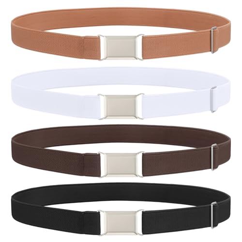 LEACOOLKEY 4 Pack Boys Girls Adjustable Belts Kids Elastic Uniform Belt with Silver Buckle Toddle Stretch Belt