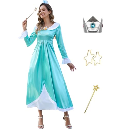 AYYOHON Prinzessinnenkleid für Damen, Halloween, Prinzessin, Cosplay, Kostüm, Krone, Ohrringe, Handschuhe, Set, Erwachsenenkostüm, Größe M