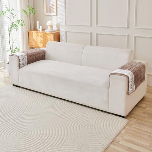 Image of HOKIPO 'BelleLace Series' Imperial Milk Velvet Anti-Slip Sofa Armrest Covers with Lace | 1 Pair - Mocha Brown (AR-5961-BRN*2)