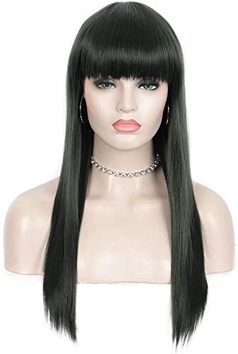 Kalyss 22 ”grüne Haarperücken mit Pony für Frauen Lange gerade Cosplay Hitzebeständige Damen Vollperücken Cover