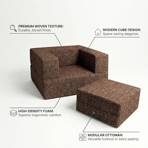 Image of C-Type Sofa Bed 3x6 Ft with Pouffe - Jute Fabric Convertible Floor Sofa Cum Bed with Wide Arm Support for Living Room & Guest Room - Brown Color