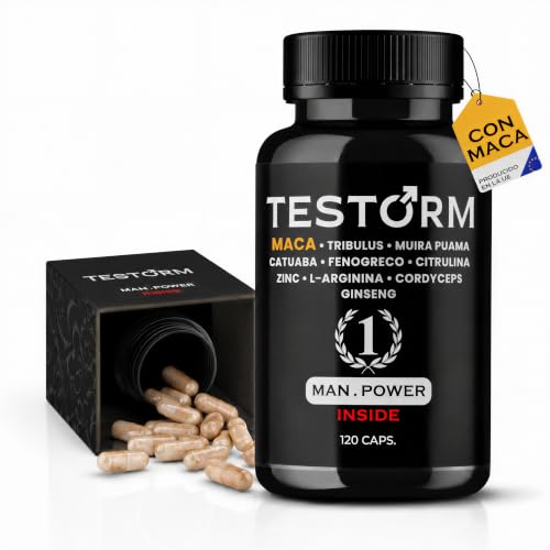 TESTORM Testosterona Hombre Potenciador Masculino Maca Negra 20:1 Tribulus Terrestris Zinc L Arginina Ginseng Fenogreco Citrulina Muira Puama 120 Cápsulas Energía Fuerza Rendimiento Potencia Vitalidad