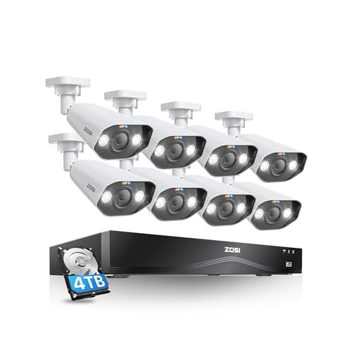 ZOSI 24CH 4K Spotlight PoE Security Camera System with Person Vehicle Detection,8pcs 4K Outdoor PoE Cameras,2 Way Talk,H.265+ 16CH 8MP NVR with 4TB HDD for 24/7 Recording 4K POE-8Cam