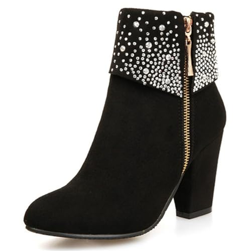 Inornever Women High Heel Boots Suede Chunky Heel Dressy Ankle Boots with Rhinestone Strap & Side Zipper Dress Shoes2