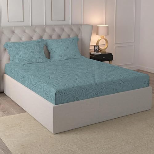 Image of LOOMLYFE 300 TC Cotton Feel Glace Cotton Elastic Fitted Printed King Size Double Bed Bedsheet with 2 Pillow Covers Fits Upto 8 inches Mattress, Size- 72X78 Inches, BlueFlower
