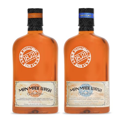 18.21 Man Made Noble Oud Wash & Absolute Mahogany 3-in-1, 18 oz Wash 2-Set Bundle, All Hair & Skin Types for Men, Strengthens and Moisturizes in a Manly Aroma