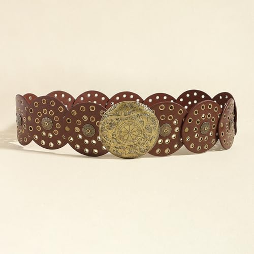 Women Hollow Disc Belt Wide Boho Concho Leather Belt Western Cowboy Belt Metal Vintage Belt Y2k Aesthetic Belts2