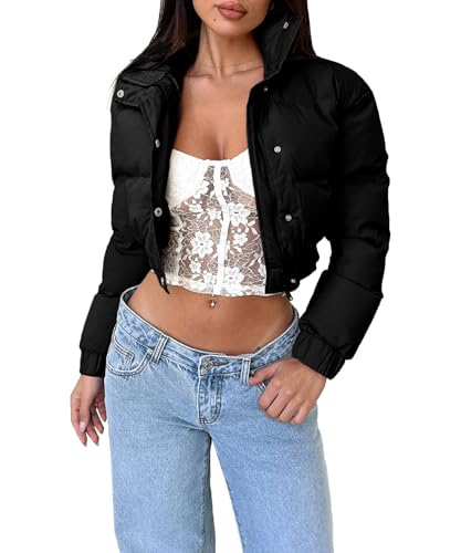 WHN Chaqueta corta para mujer, ligera, acolchada, de manga larga, cuello alto, cremallera, abrigo de invierno, Negro -, Small