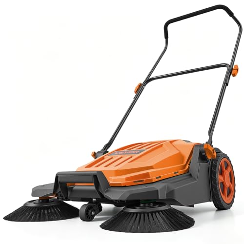 Image of VEVOR Walk-Behind Hand Push Floor Sweeper, Manual Floor Sweeper Non-Electric with 25.6 inch Sweeping Width, 5 Gallons Waste Container & Adjustable Folding Handle for Yards Walkways Patios Garages - Orange