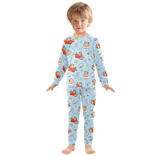 Cartoon Capybara Pilot Blue Cute Pajama Sets Long Sleeve Top and Pants, Snug Fit Sleepwear for Night Wears3