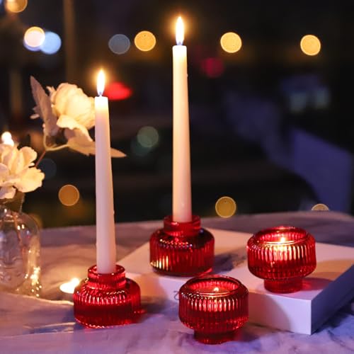 Woho TAPER RED CANDLESTICK HOLDERS Red Taper Candle Holders Set Of 4 For Christmas Decorations, Reversible Ribbed Glass Candlestick Holders For Wedding Table, Vintage Candle Sticks Holder Decor For Valentines Day Decor thumb #7